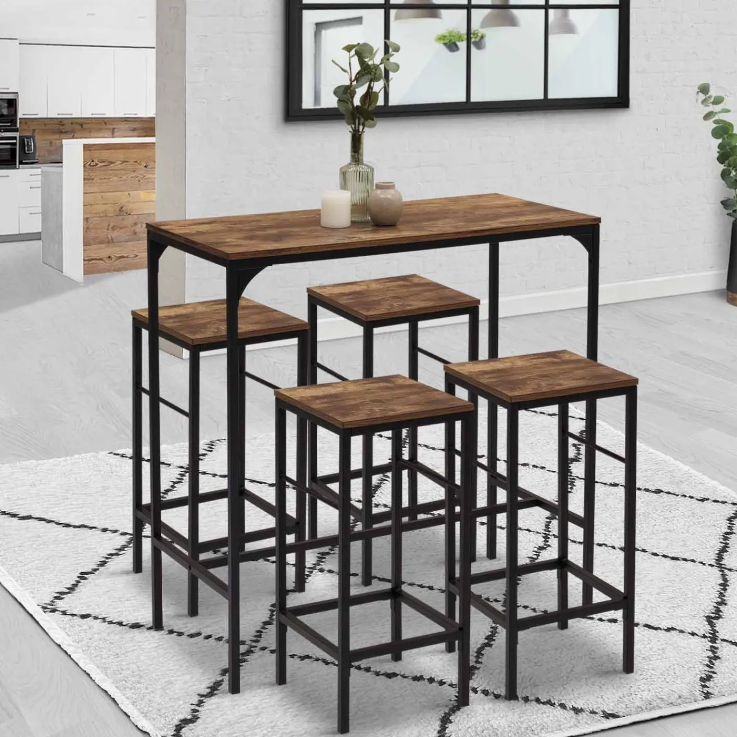 Table haute avec 4 tabourets bois effet vieilli*IDMarket Discount