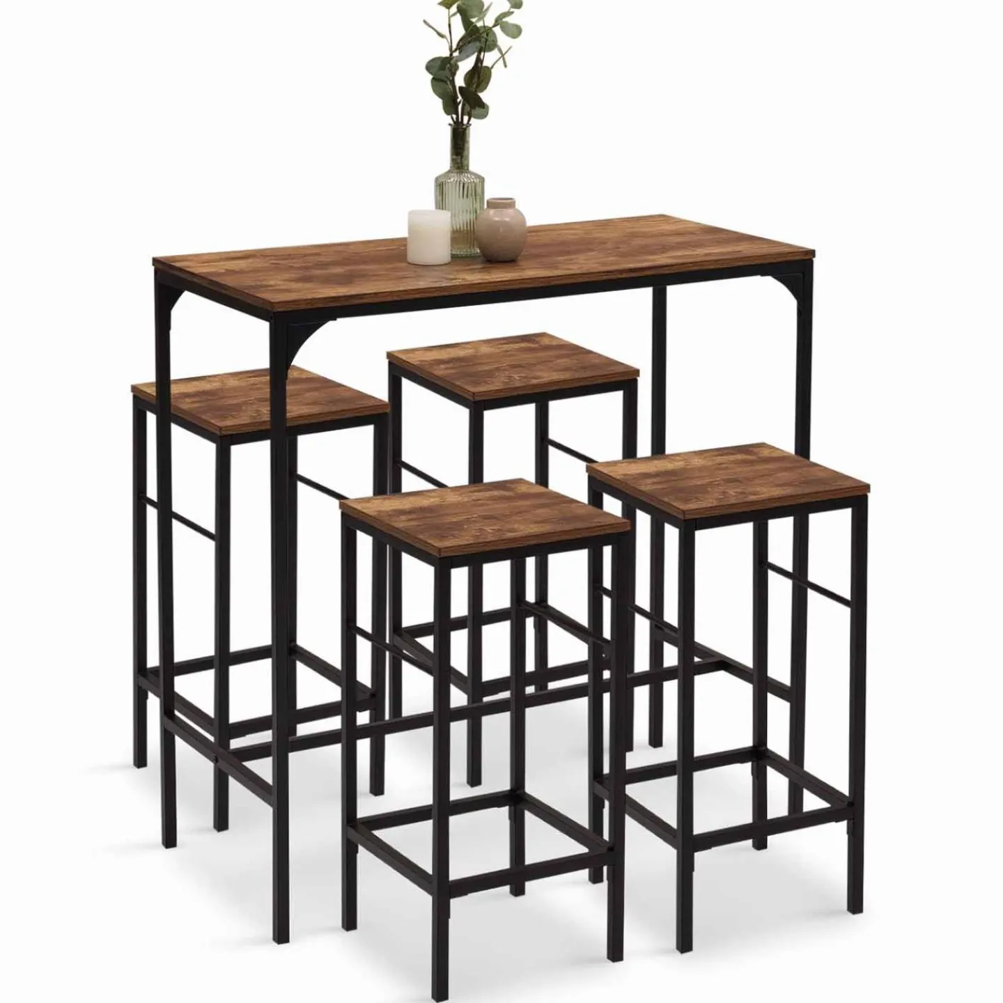 Table haute avec 4 tabourets bois effet vieilli*IDMarket Discount