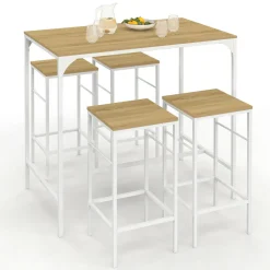 Table haute avec 4 tabourets métal blanc et bois style industriel*IDMarket Outlet