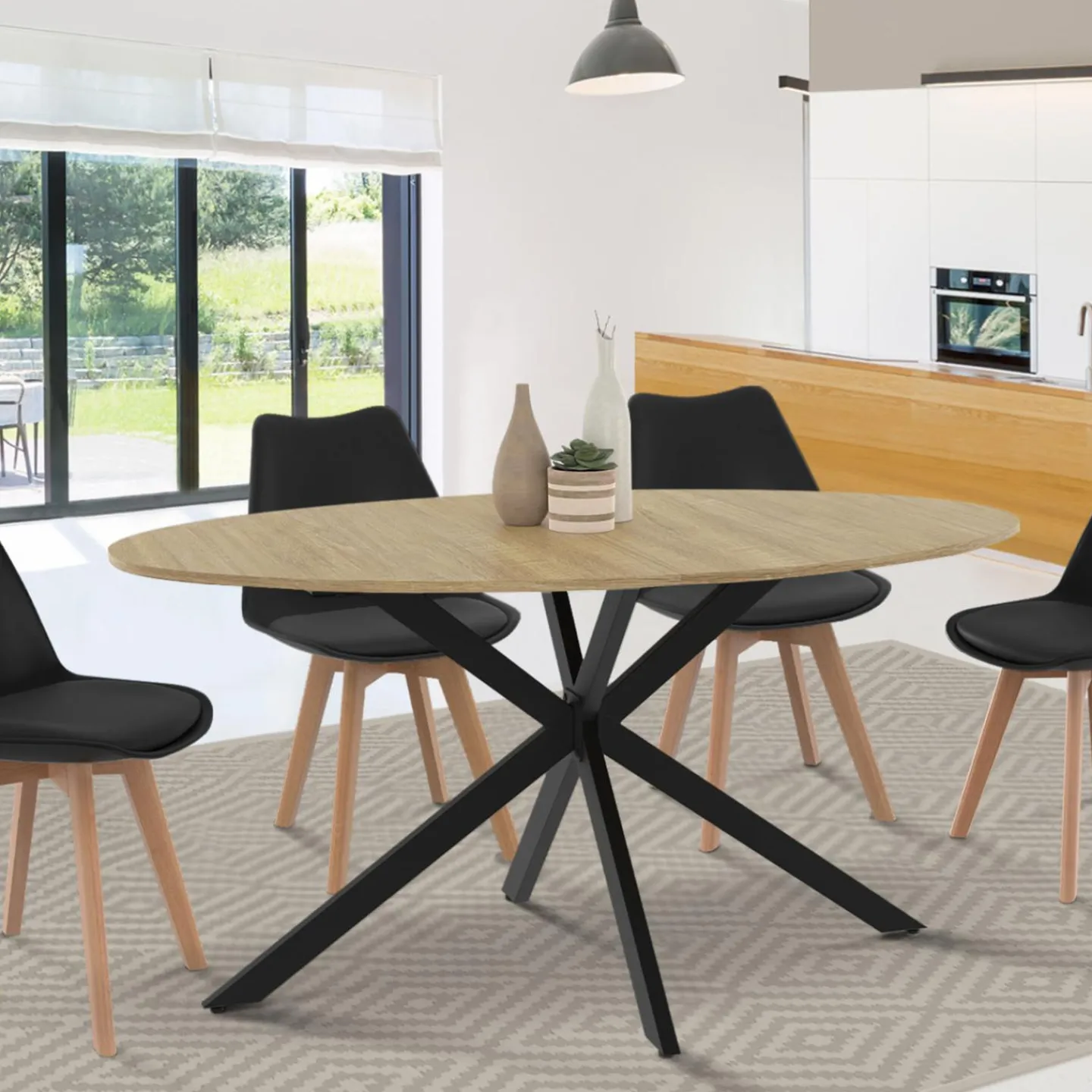 Table industrielle 8 personnes ovale bois et pied araignée noir 150 cm*IDMarket