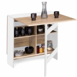 Table pliante blanche plateau bois avec double rangement central*IDMarket Best