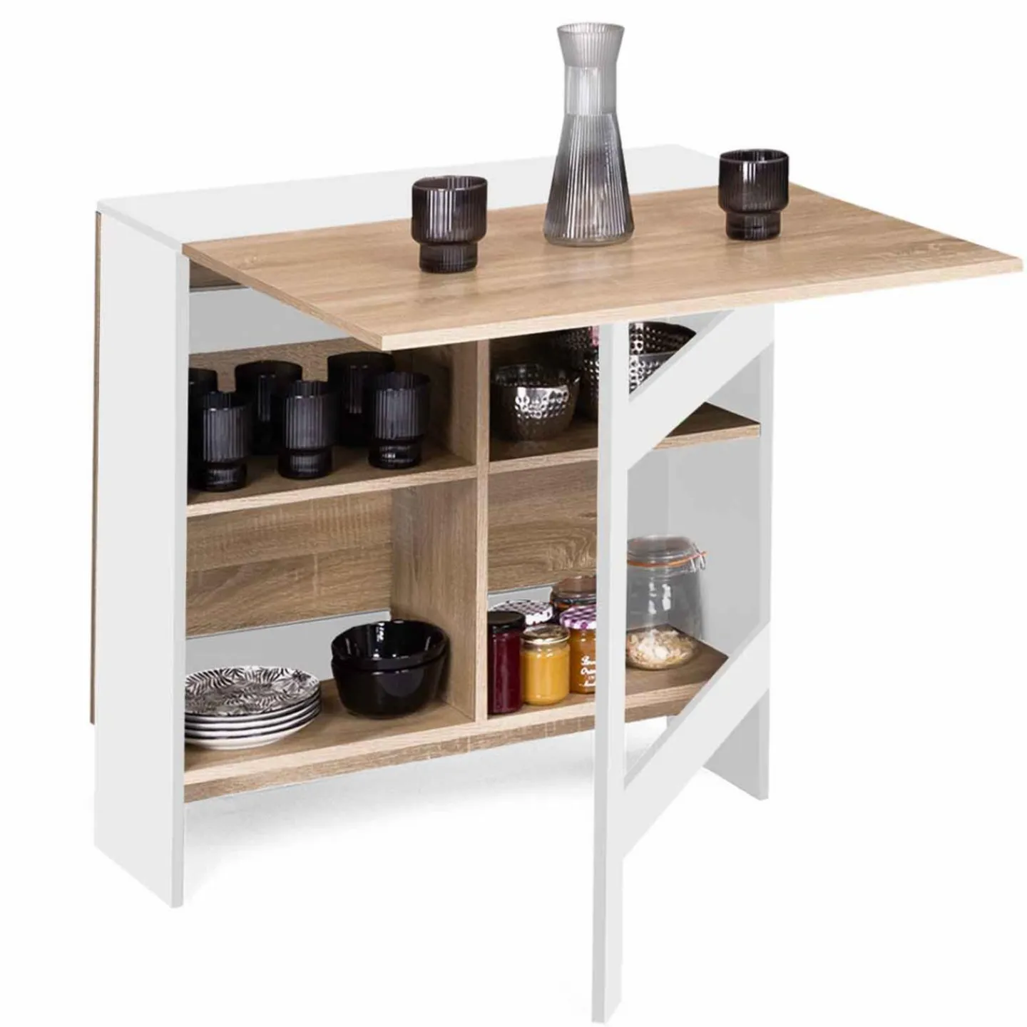 Table pliante blanche plateau bois avec double rangement central*IDMarket Best