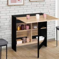 Table pliante noire plateau bois avec double rangement central*IDMarket Online