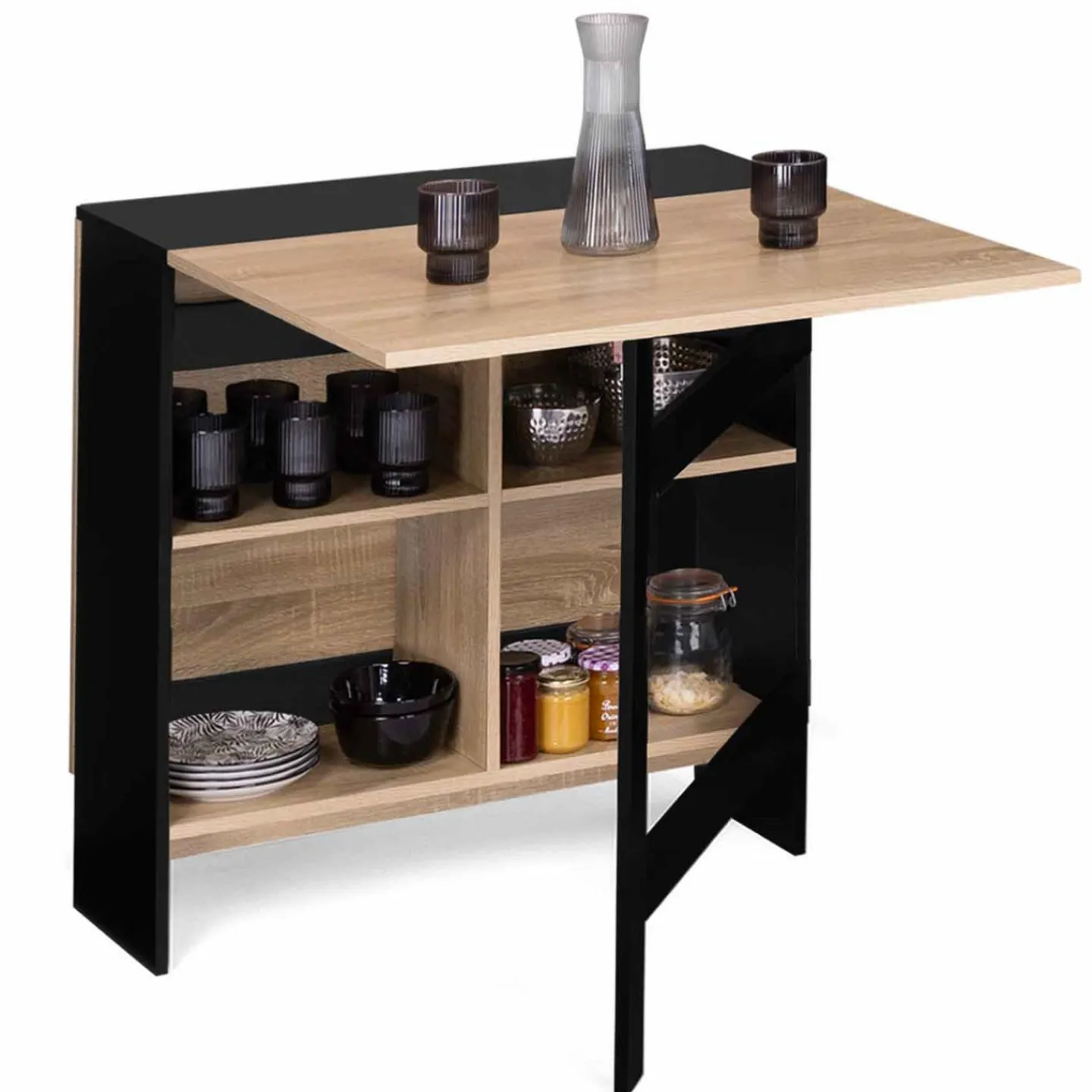 Table pliante noire plateau bois avec double rangement central*IDMarket Online