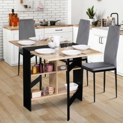 Table pliante noire plateau bois avec double rangement central*IDMarket Online