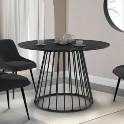 Table ronde à manger 110cm 6 personnes plateau effet marbre noir et pied filaire métal noir*IDMarket