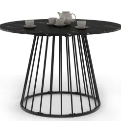 Table ronde à manger 110cm 6 personnes plateau effet marbre noir et pied filaire métal noir*IDMarket