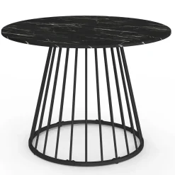 Table ronde à manger 110cm 6 personnes plateau effet marbre noir et pied filaire métal noir*IDMarket