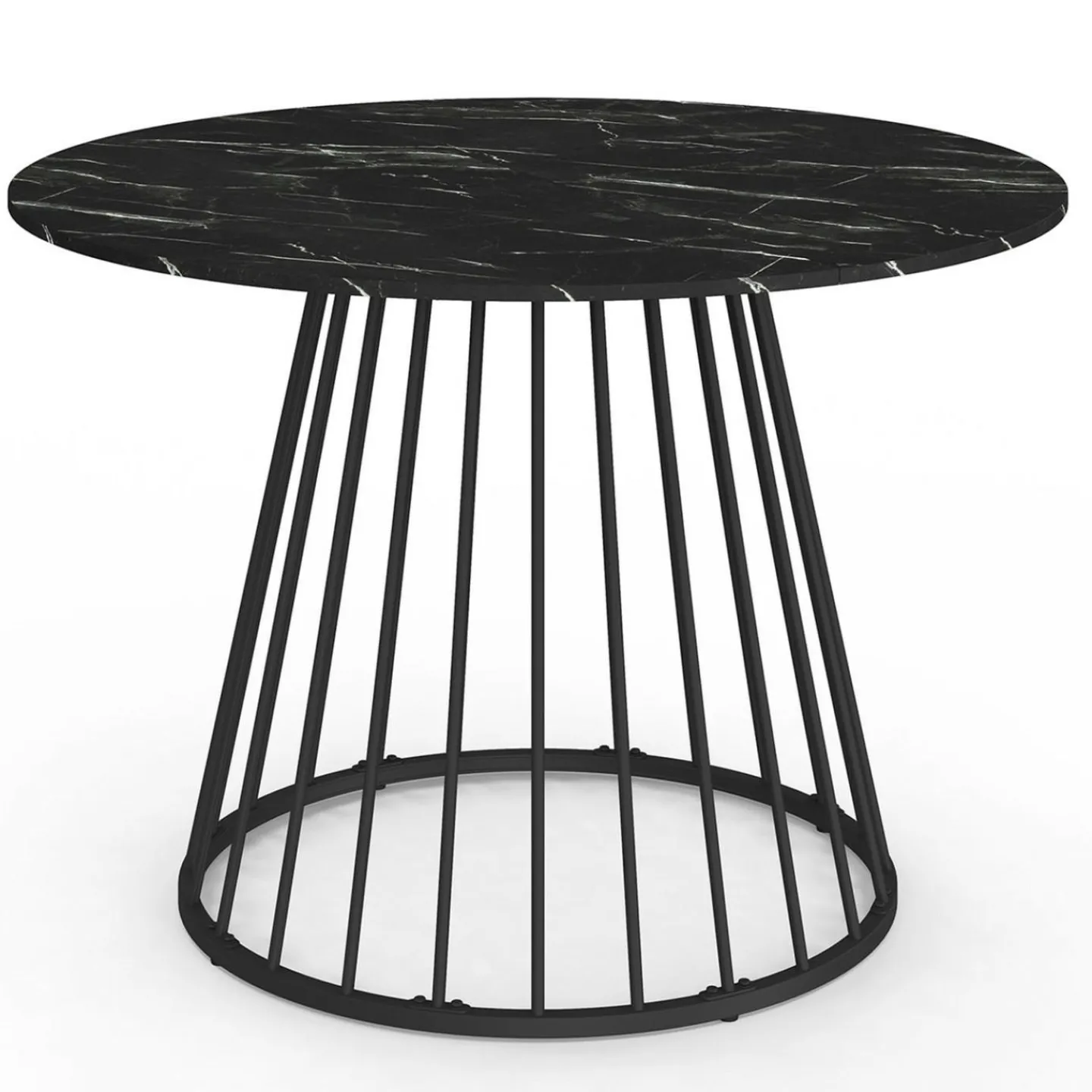 Table ronde à manger 110cm 6 personnes plateau effet marbre noir et pied filaire métal noir*IDMarket