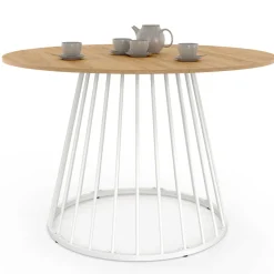 Table ronde à manger 110cm 6 personnes plateau bois et pied filaire métal blanc*IDMarket Online