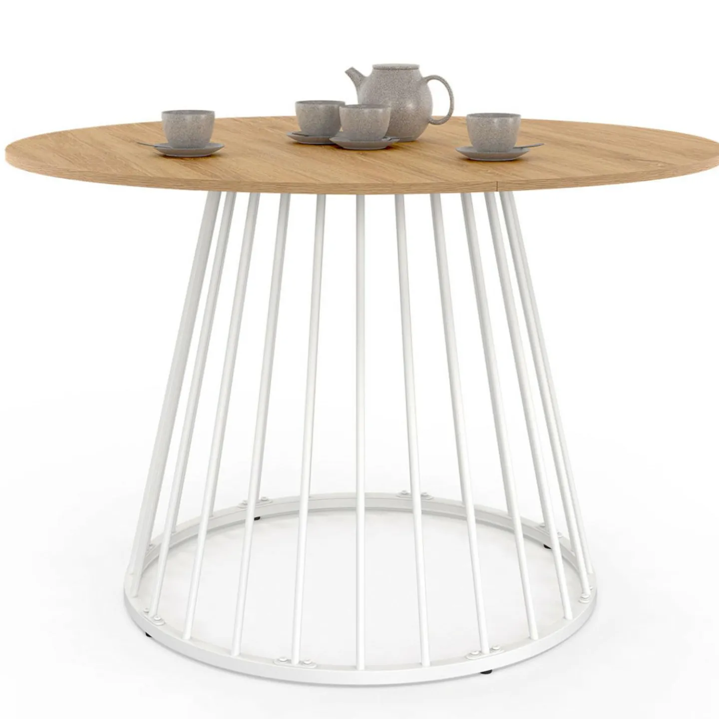 Table ronde à manger 110cm 6 personnes plateau bois et pied filaire métal blanc*IDMarket Online