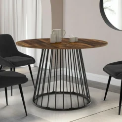 Table ronde à manger 110cm 6 personnes plateau bois foncé et pied filaire métal noir*IDMarket Clearance