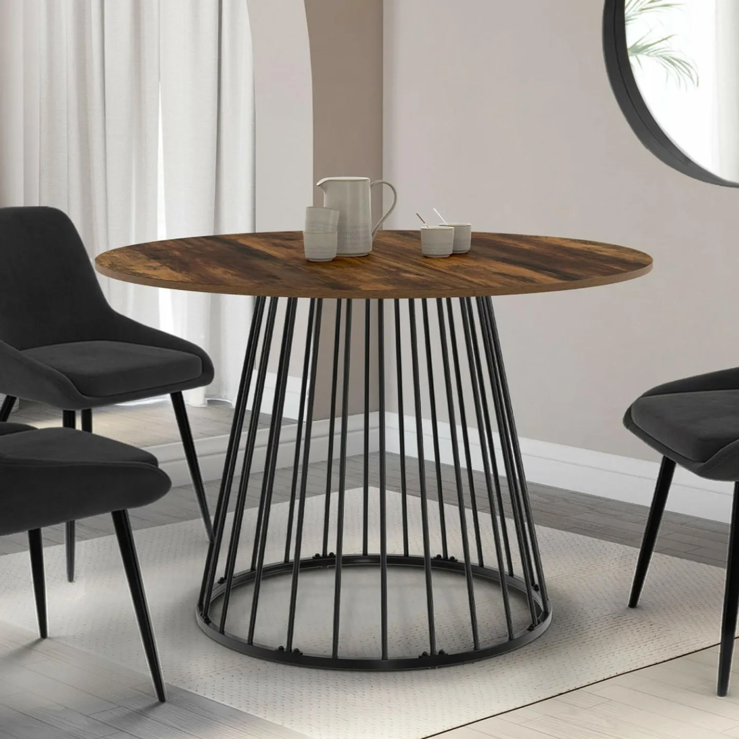 Table ronde à manger 110cm 6 personnes plateau bois foncé et pied filaire métal noir*IDMarket Clearance