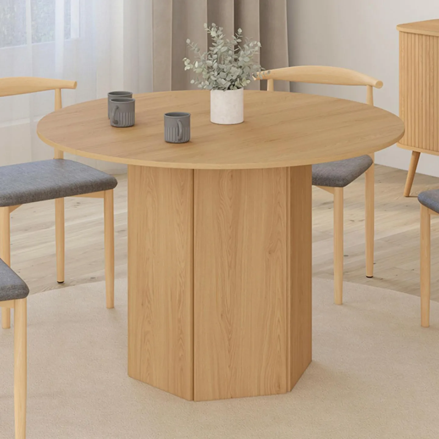 Table ronde 6 personnes bois effet hêtre 110 cm pied hexagonal*IDMarket Best
