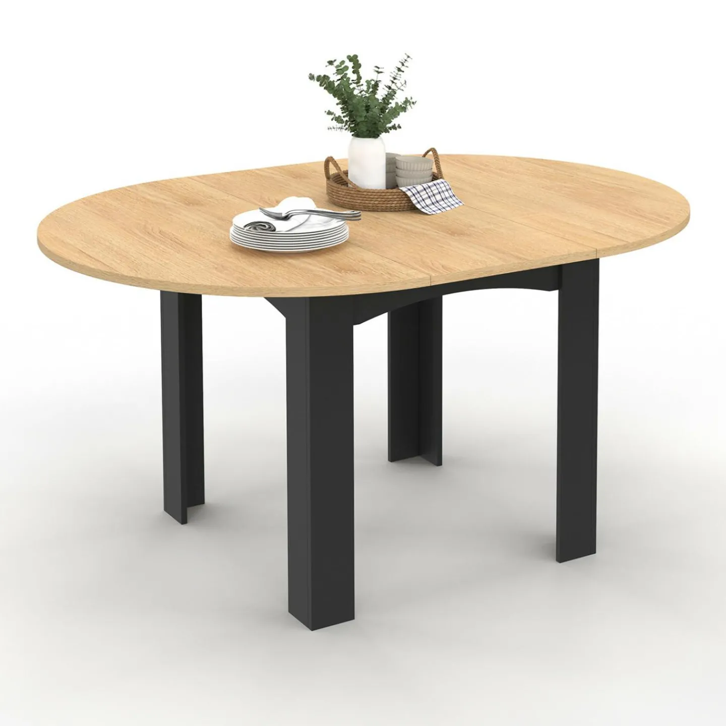 Table ronde extensible 4-8 personnes noir et bois*IDMarket Online