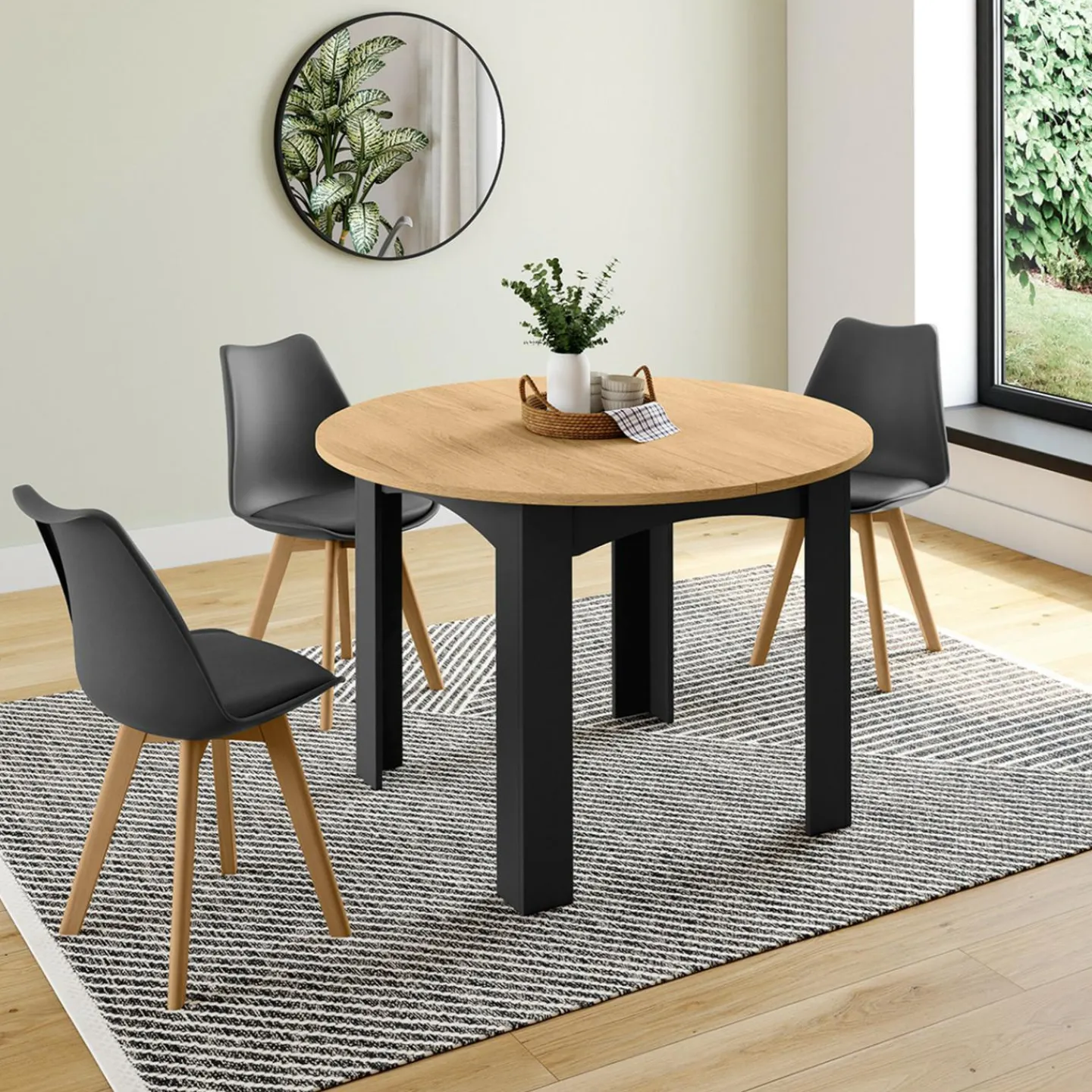 Table ronde extensible 4-8 personnes noir et bois*IDMarket Online