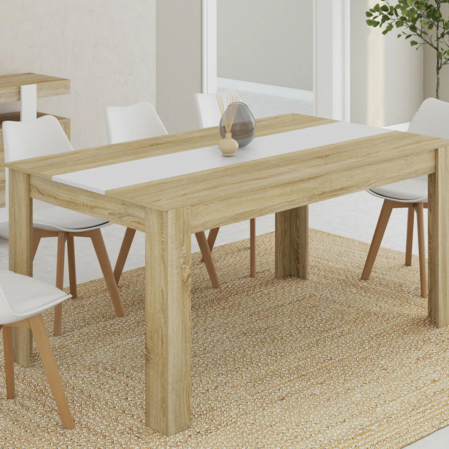 Table salle à manger moderne 160 cm imitation hêtre et blanc*IDMarket Best