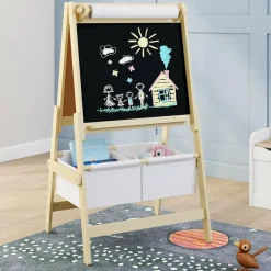 Tableau enfant 3 en 1 chevalet double face avec rouleau de papier et 2 paniers de rangement*IDMarket