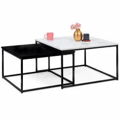 Tables basses gigognes effet marbre blanc et pieds en métal noir*IDMarket Online