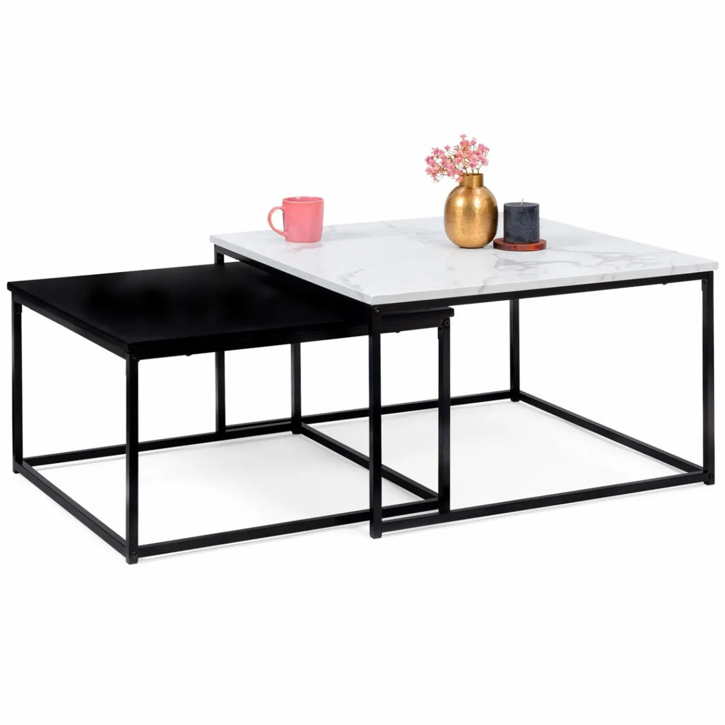 Tables basses gigognes effet marbre blanc et pieds en métal noir*IDMarket Online