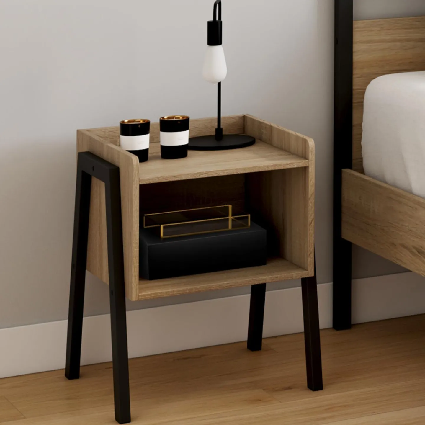 Tables de chevet 1 niche bois et pieds métal noir - lot de 2*IDMarket Sale