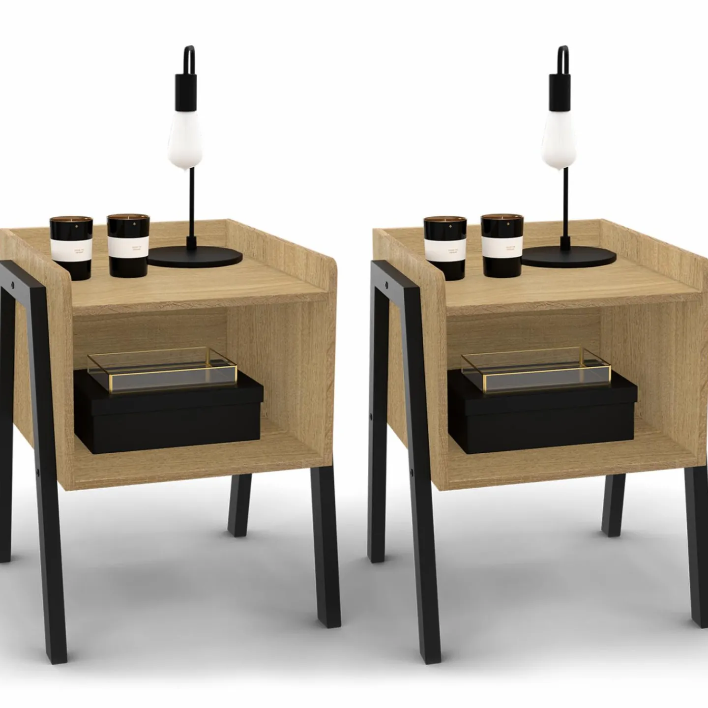 Tables de chevet 1 niche bois et pieds métal noir - lot de 2*IDMarket Sale