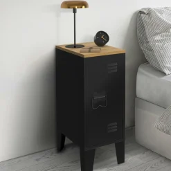 Tables de chevet industrielles plateau bois façon hêtre avec porte métal noir*IDMarket Discount