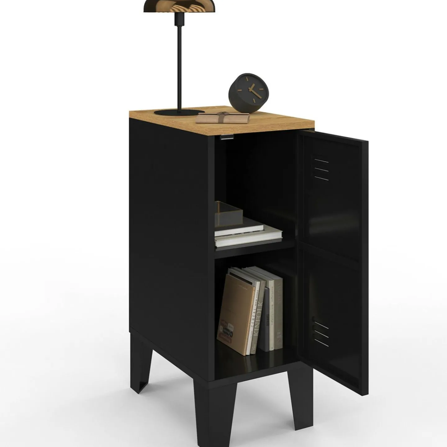 Tables de chevet industrielles plateau bois façon hêtre avec porte métal noir*IDMarket Discount