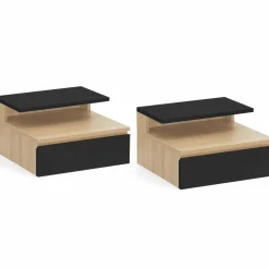 Tables de chevet murales bois façon hêtre et noires avec tiroir et tablette*IDMarket Discount