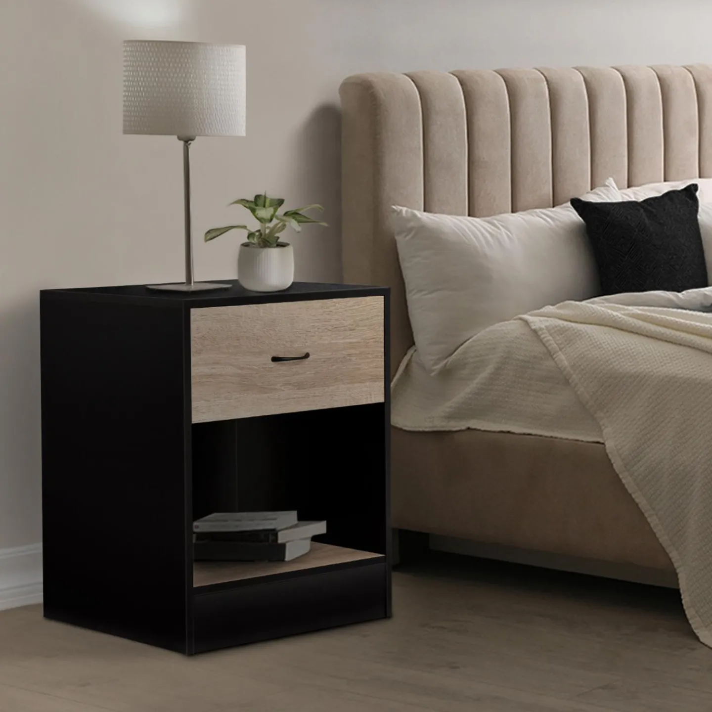 Tables de nuit en bois noir et façon hêtre avec tiroir*IDMarket