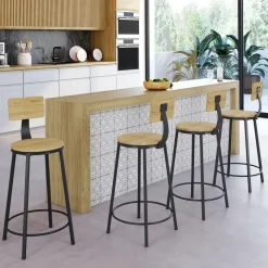Tabourets de bar industriel avec dossier bois et métal noir*IDMarket Hot