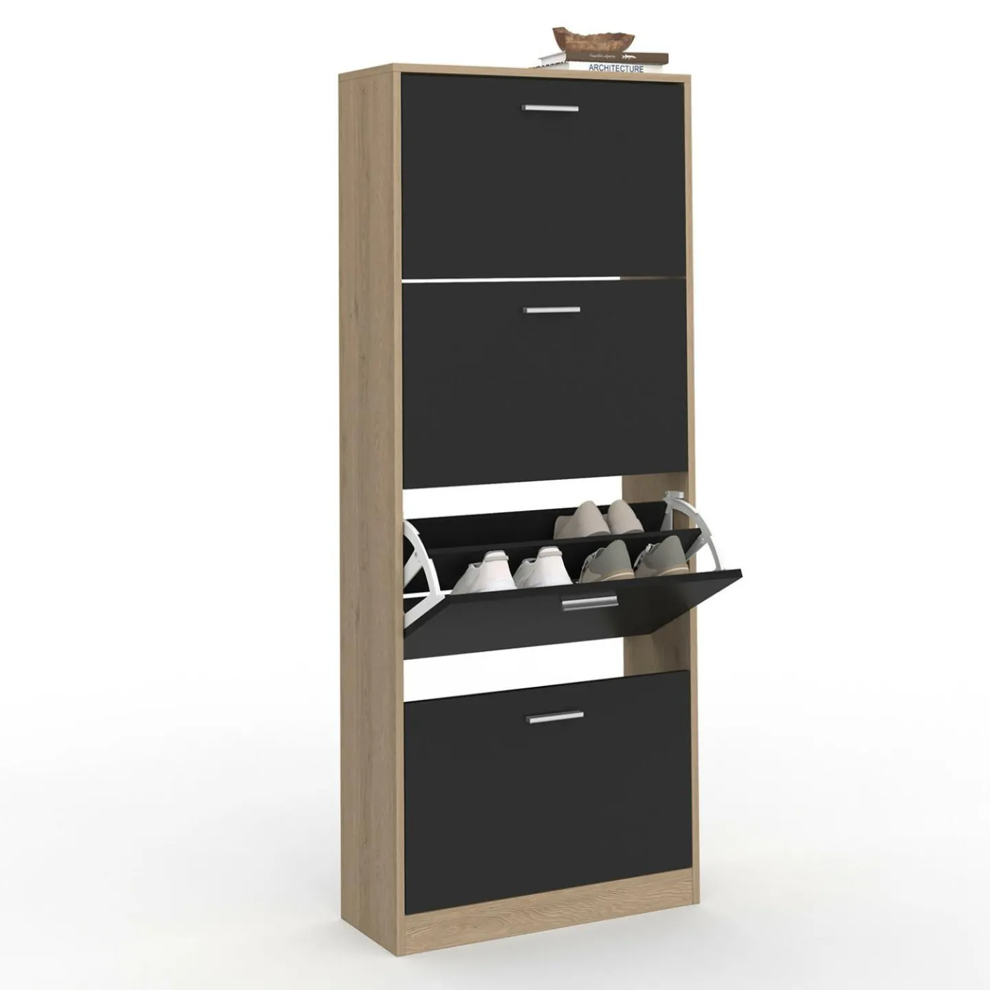 Étagère à chaussures imitation hêtre avec 4 portes noires*IDMarket Outlet