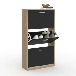 Étagère à chaussures imitation hêtre et portes noires*IDMarket Outlet