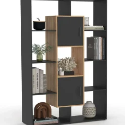 Étagère bibliothèque 11 compartiments noir et effet bois*IDMarket Online