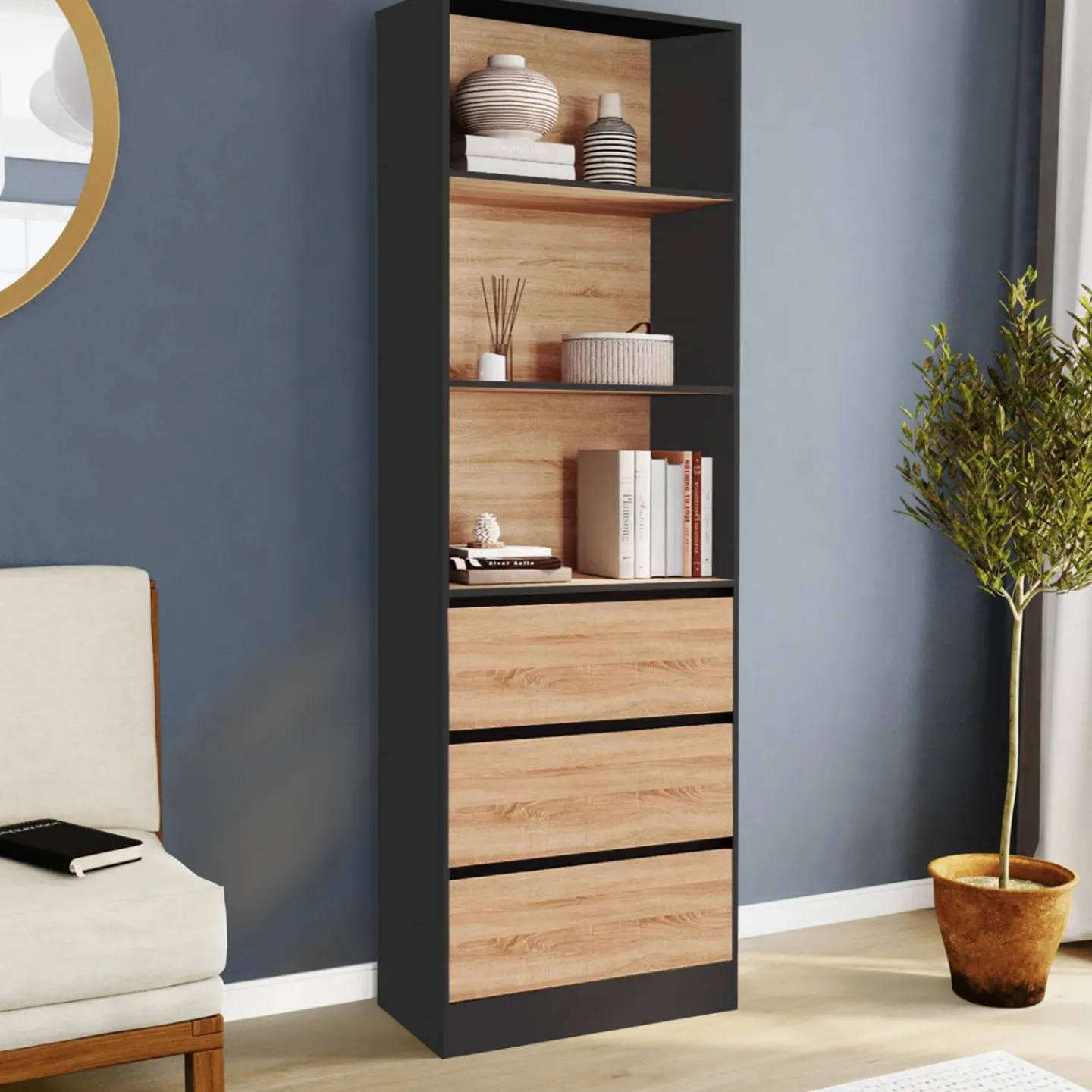 Étagère bibliothèque bois et noir 3 tiroirs 3 niveaux H.190cm*IDMarket Clearance