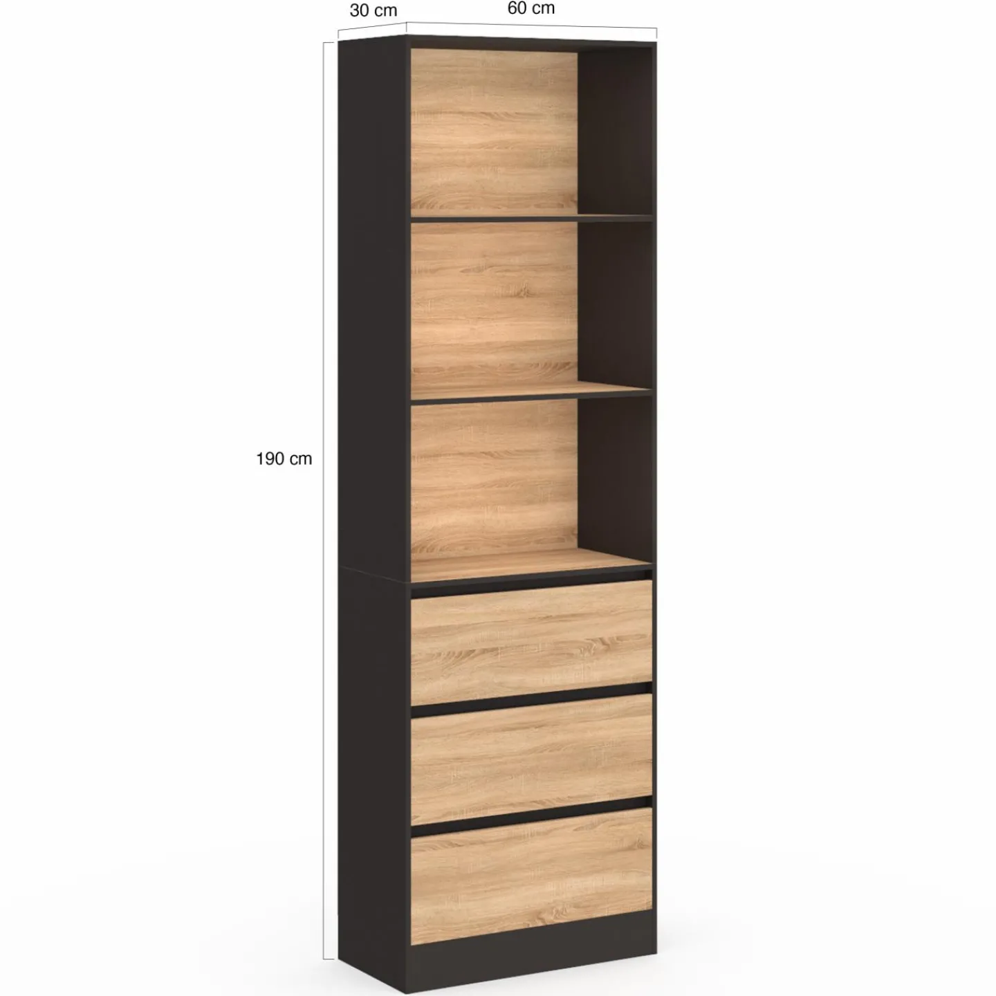 Étagère bibliothèque bois et noir 3 tiroirs 3 niveaux H.190cm*IDMarket Clearance
