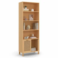 Étagère bibliothèque cannage et bois 4 niveaux avec placard*IDMarket