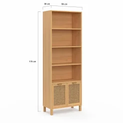 Étagère bibliothèque cannage et bois 4 niveaux avec placard*IDMarket