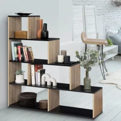 Étagère bibliothèque forme escalier bois imitation hêtre et noir*IDMarket