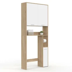 Étagère dessus WC blanc et bois façon hêtre avec dévidoir à papier*IDMarket New