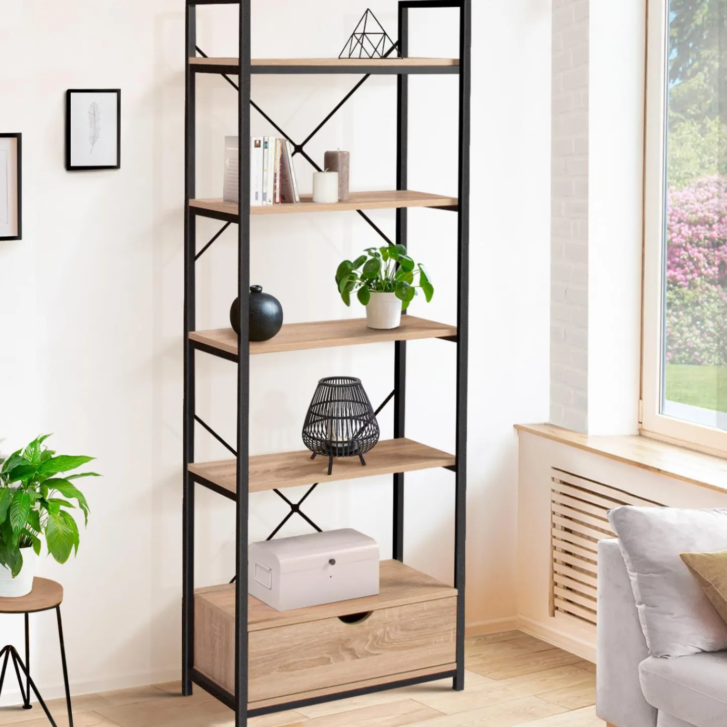 Étagère industrielle bois et métal 5 niveaux avec tiroir*IDMarket Discount