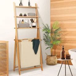 Étagère panier à linge en bambou et tissu écru*IDMarket Outlet