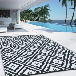 Tapis extérieur terrasse motifs géométriques noir et blanc 160 x 260 cm*IDMarket Outlet