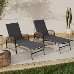 Transats de jardin inclinables gris anthracite avec accoudoirs cordage effet rotin*IDMarket New