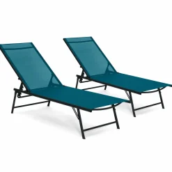 Transats de jardin toile bleu canard et acier gris anthracite - lot de 2*IDMarket Online