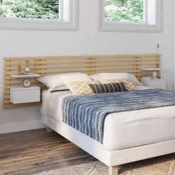Tête de lit 240 cm en lattes de bois avec chevets et étagères blanches*IDMarket Clearance