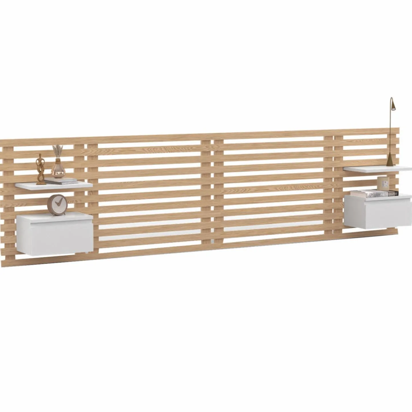 Tête de lit 240 cm en lattes de bois avec chevets et étagères blanches*IDMarket Clearance