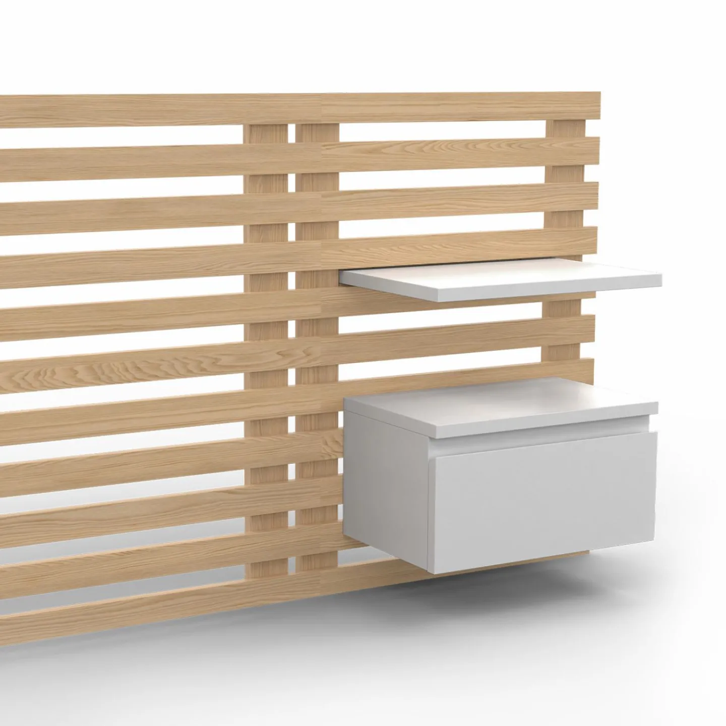 Tête de lit 240 cm en lattes de bois avec chevets et étagères blanches*IDMarket Clearance