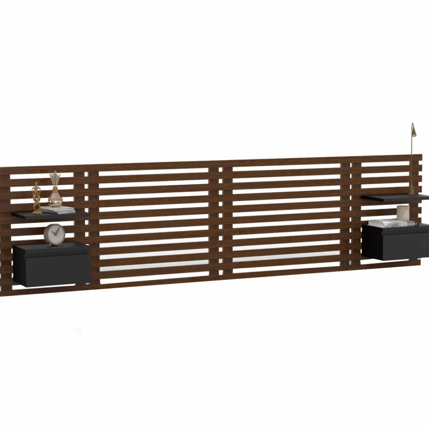 Tête de lit 240 cm en lattes façon bois vieilli avec chevets et étagères noires*IDMarket Sale