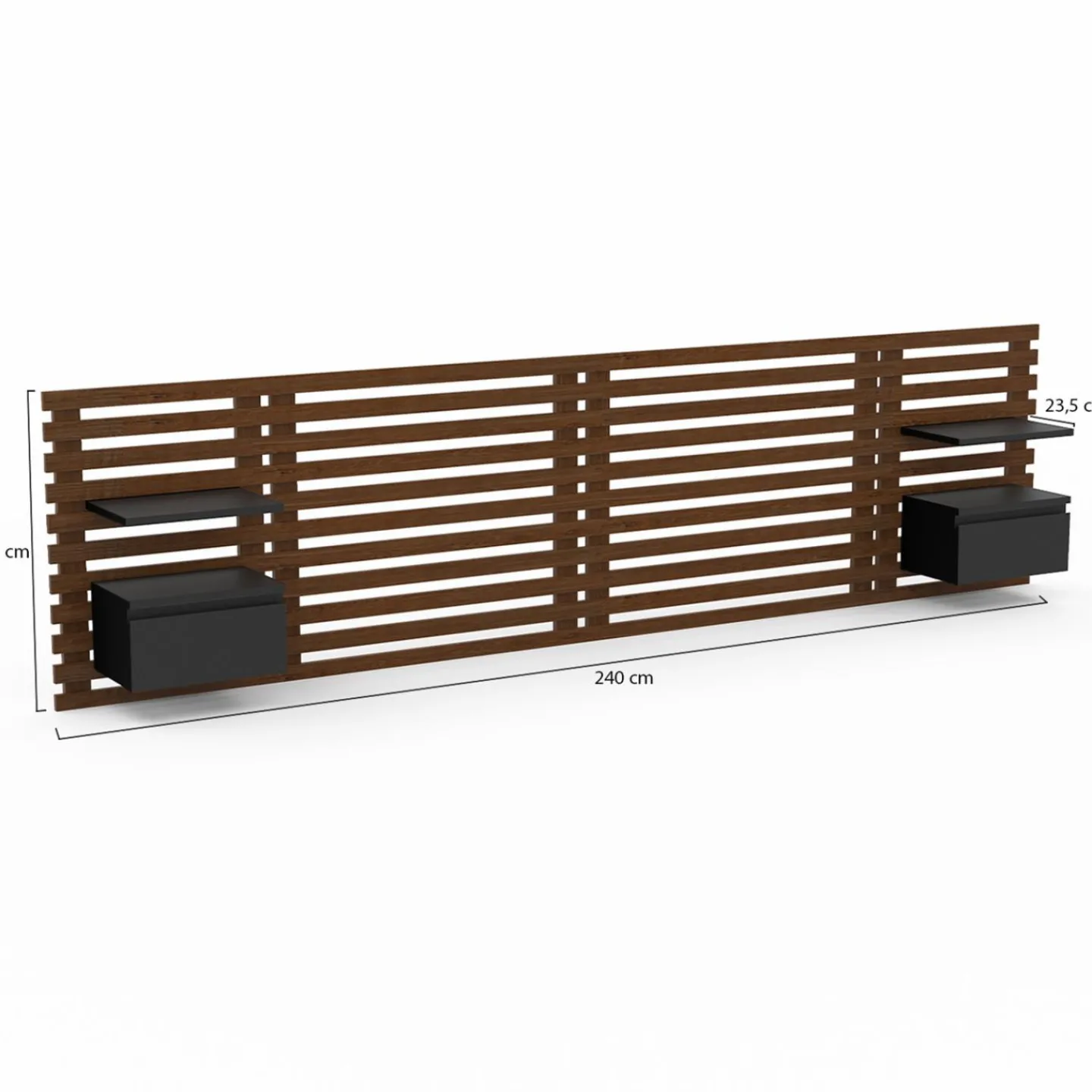 Tête de lit 240 cm en lattes façon bois vieilli avec chevets et étagères noires*IDMarket Sale